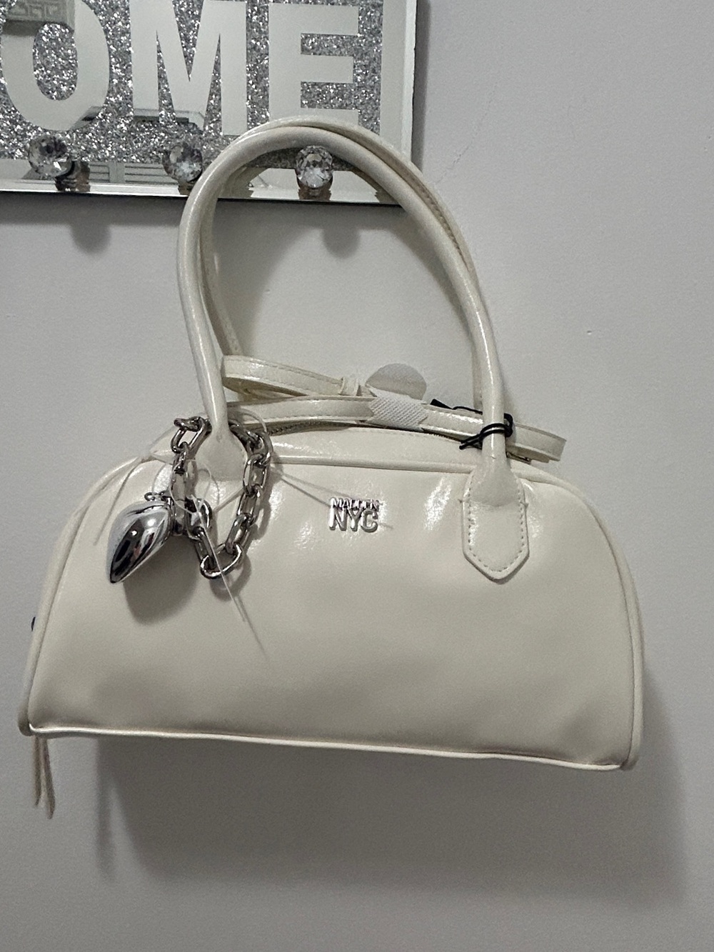 Madden NYC White Mini Bowler Satchel Handbag Heart Charm NWT